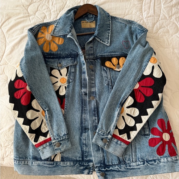 Free People - We The Free Light Blue Denim Jacket with Floral Patchwork - Picture 3 of 5